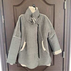 Women's Gray Suede Sherpa Jacket Oversized Fit